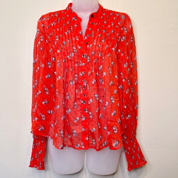 FP | Red Floral Flowers In December Sheer Floral Blouson Sleeve Popover Blouse - Picture 2 of 13